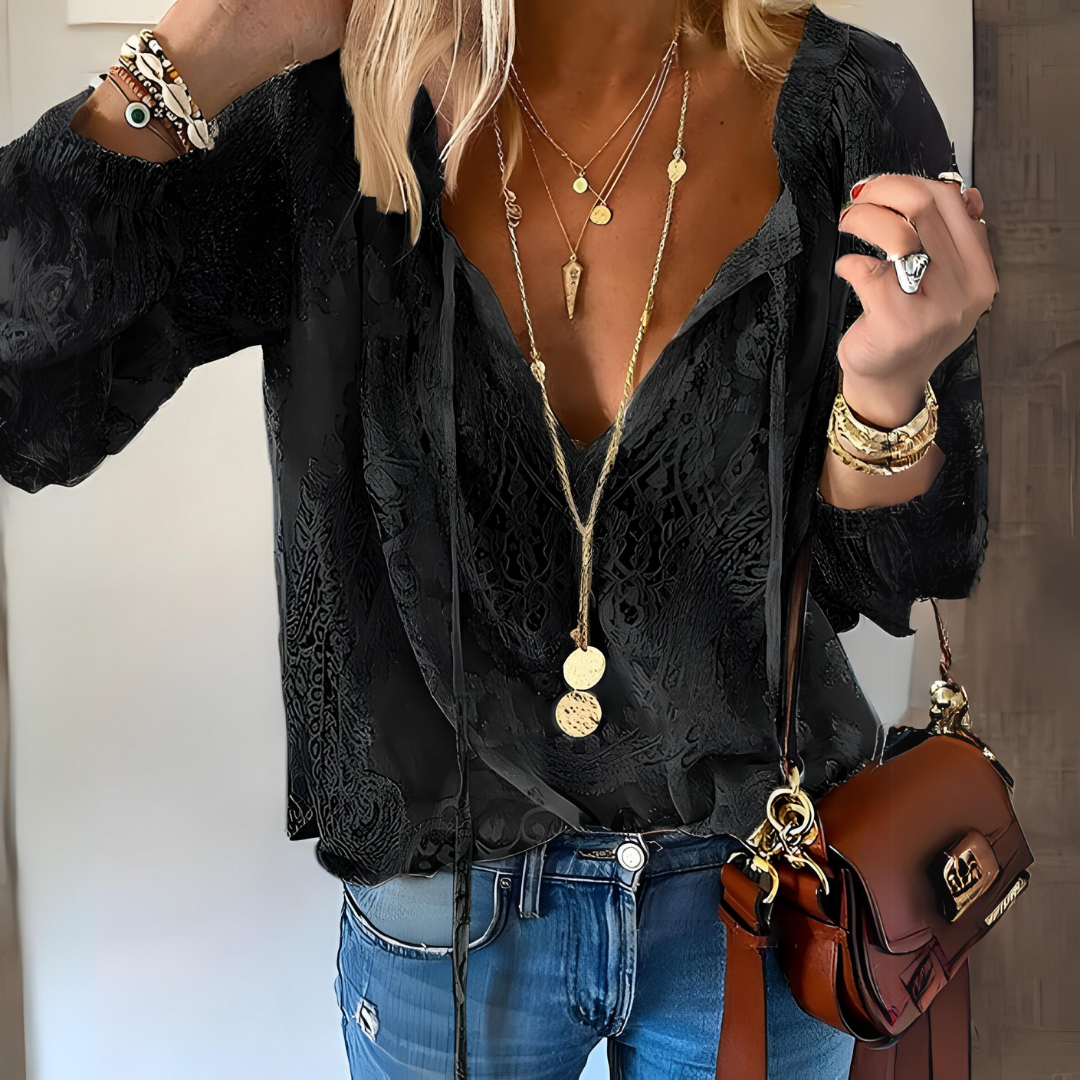Lace V-Neck Long Sleeve Blouse