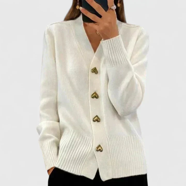 Women's V-Neck Cardigan with Heart Buttons