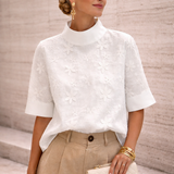 Textured High Neck Short Sleeve Blouse