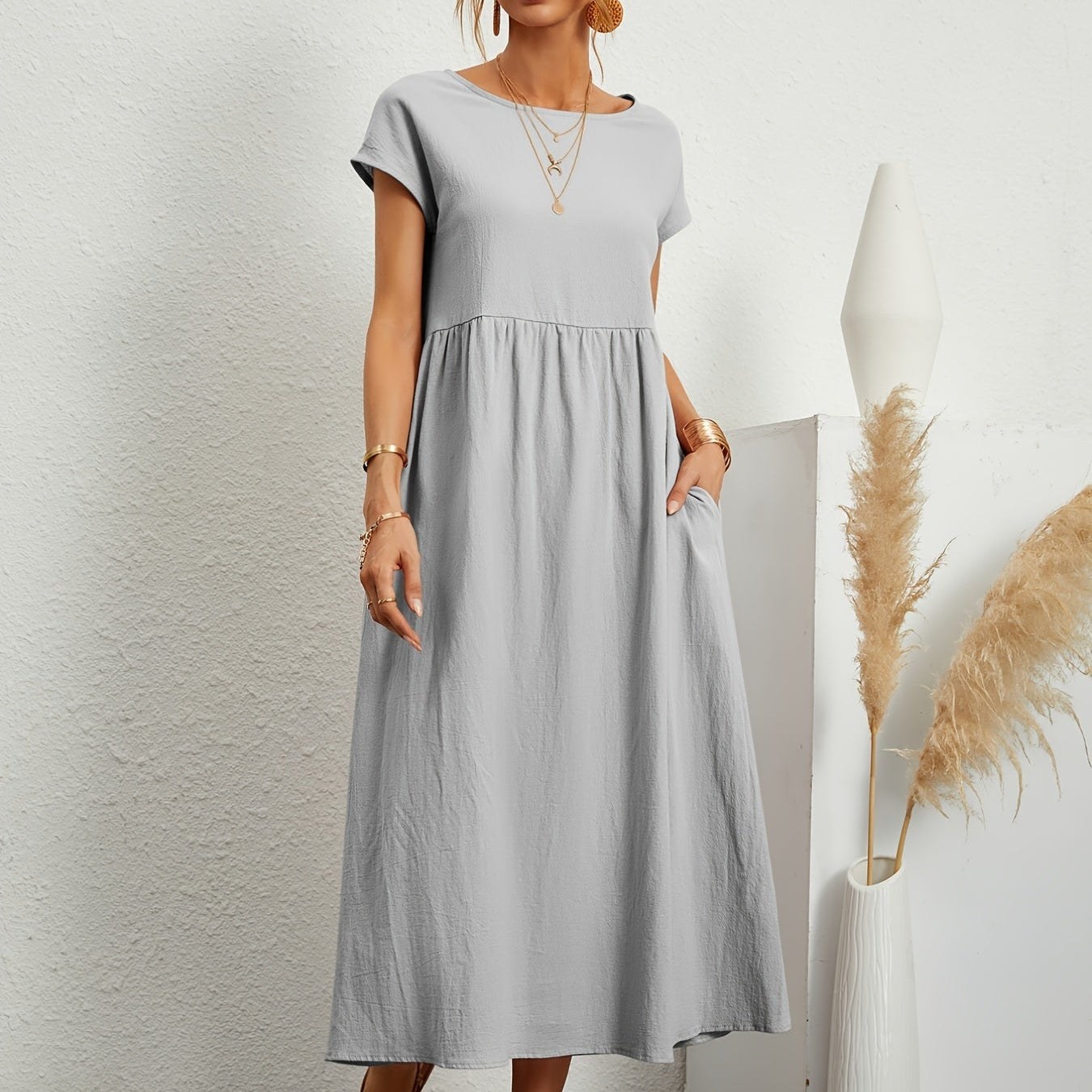 Relaxed Short Sleeve Maxi Dress with Pockets