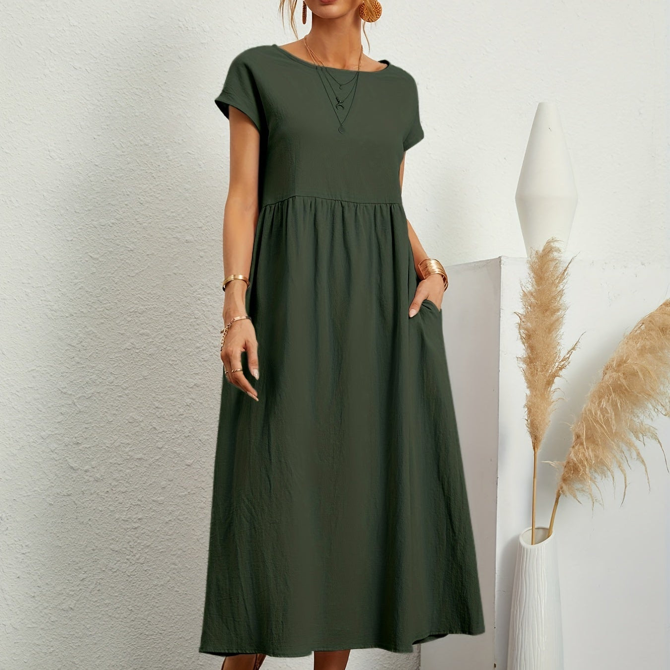 Relaxed Short Sleeve Maxi Dress with Pockets
