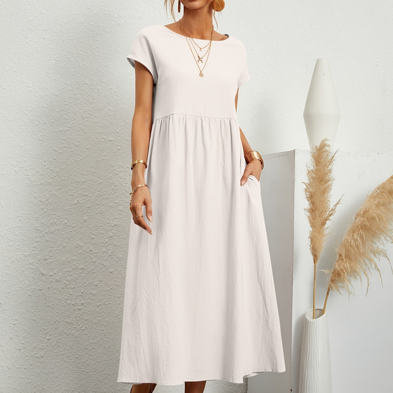Relaxed Short Sleeve Maxi Dress with Pockets