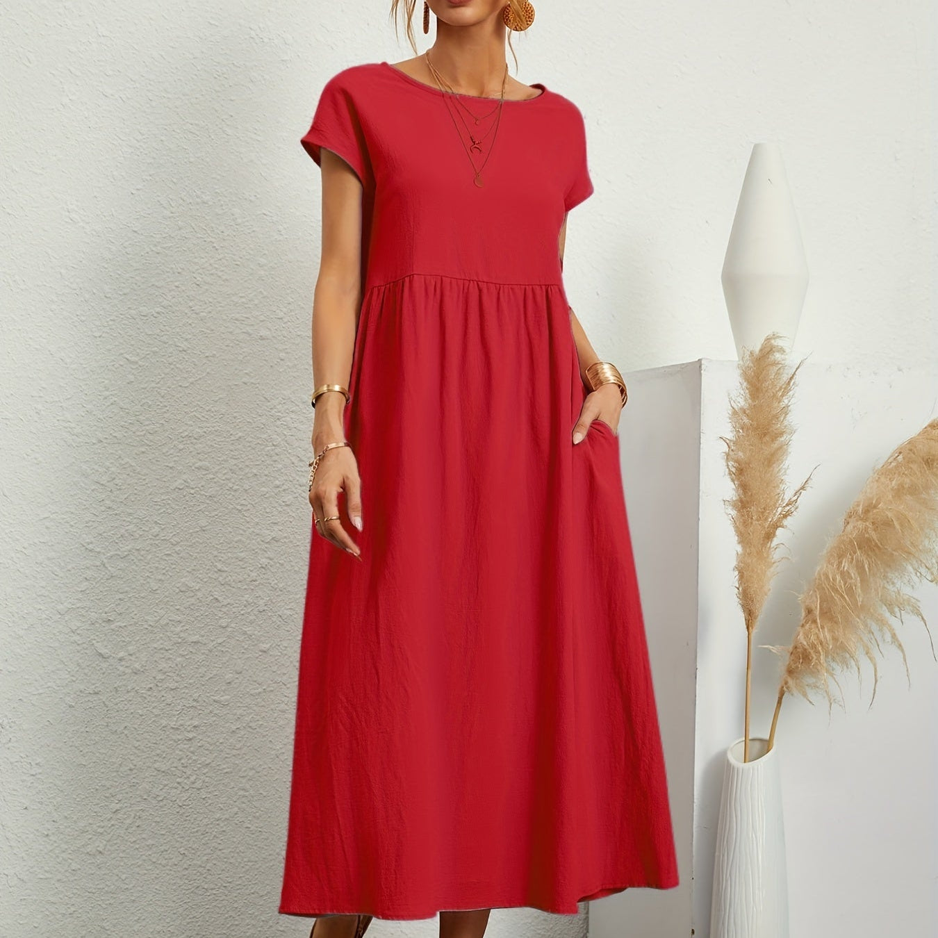 Relaxed Short Sleeve Maxi Dress with Pockets