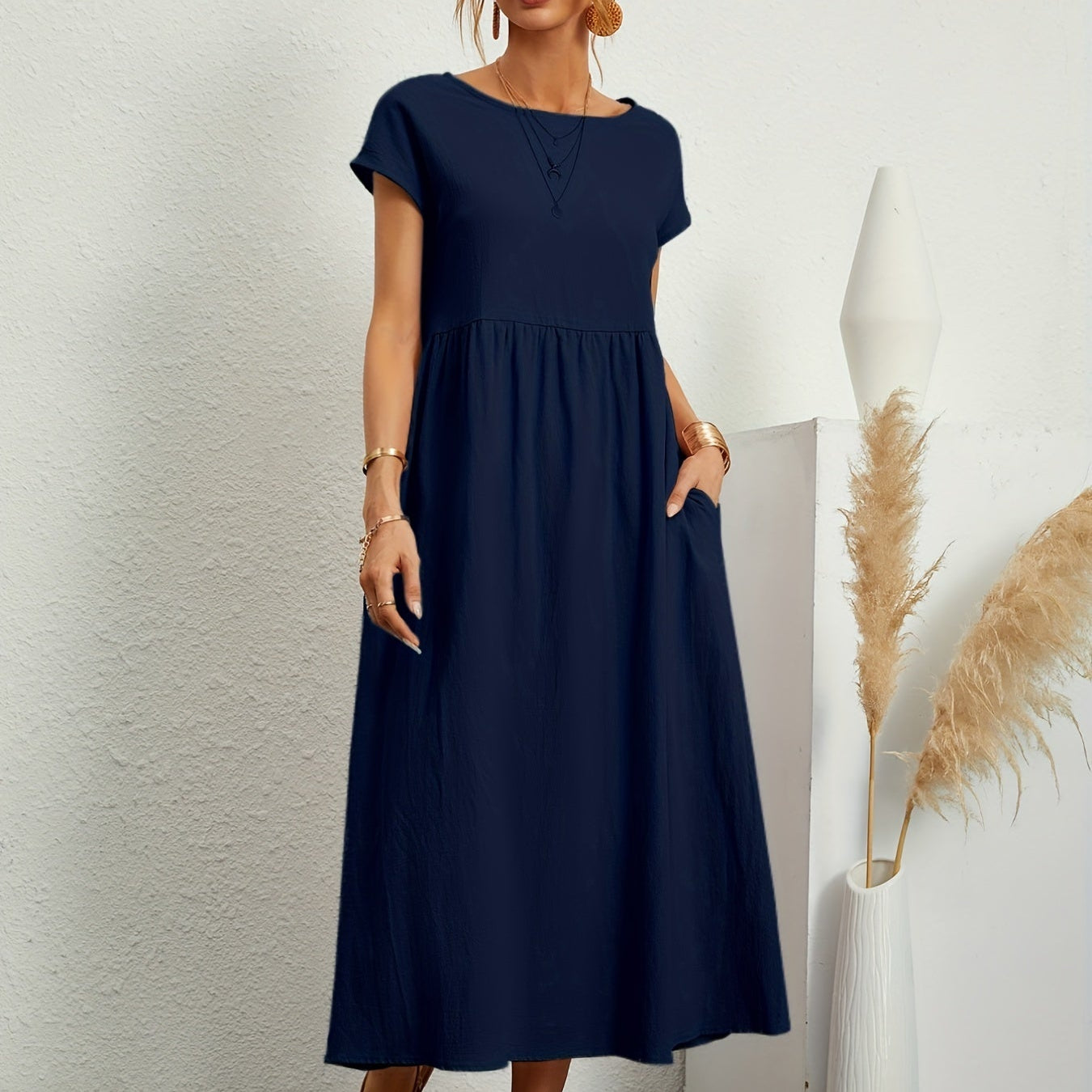 Relaxed Short Sleeve Maxi Dress with Pockets