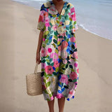 Printed Short Sleeve Midi Dress with Pockets