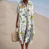 Printed Short Sleeve Midi Dress with Pockets