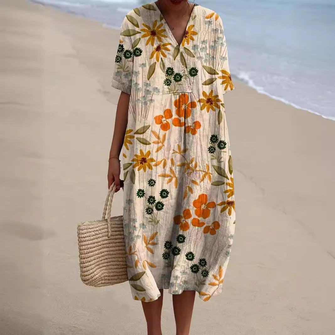 Printed Short Sleeve Midi Dress with Pockets