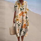 Printed Short Sleeve Midi Dress with Pockets