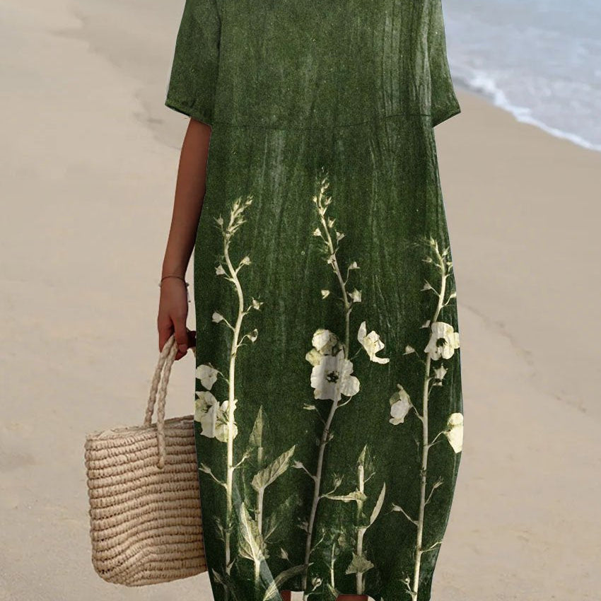 Printed Short Sleeve Midi Dress with Pockets