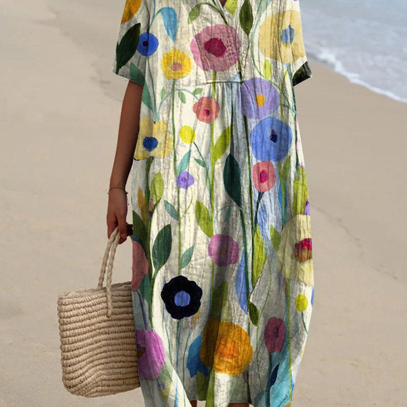 Printed Short Sleeve Midi Dress with Pockets