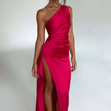 One Shoulder Satin Split Maxi Dress