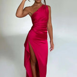 One Shoulder Satin Split Maxi Dress