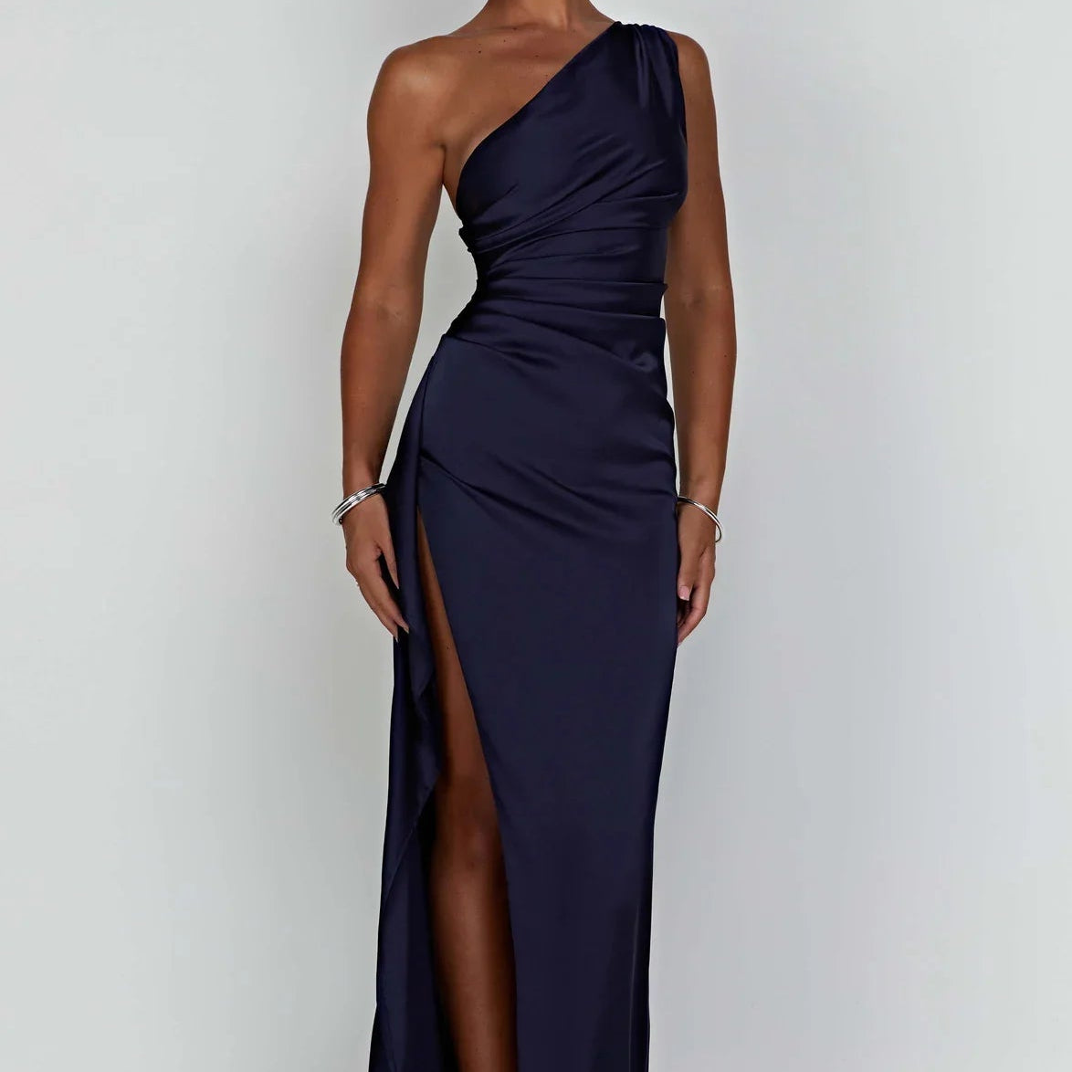 One Shoulder Satin Split Maxi Dress