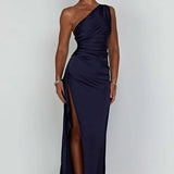 One Shoulder Satin Split Maxi Dress