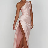 One Shoulder Satin Split Maxi Dress