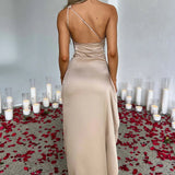 One Shoulder Satin Split Maxi Dress