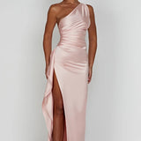 One Shoulder Satin Split Maxi Dress