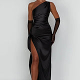 One Shoulder Satin Split Maxi Dress