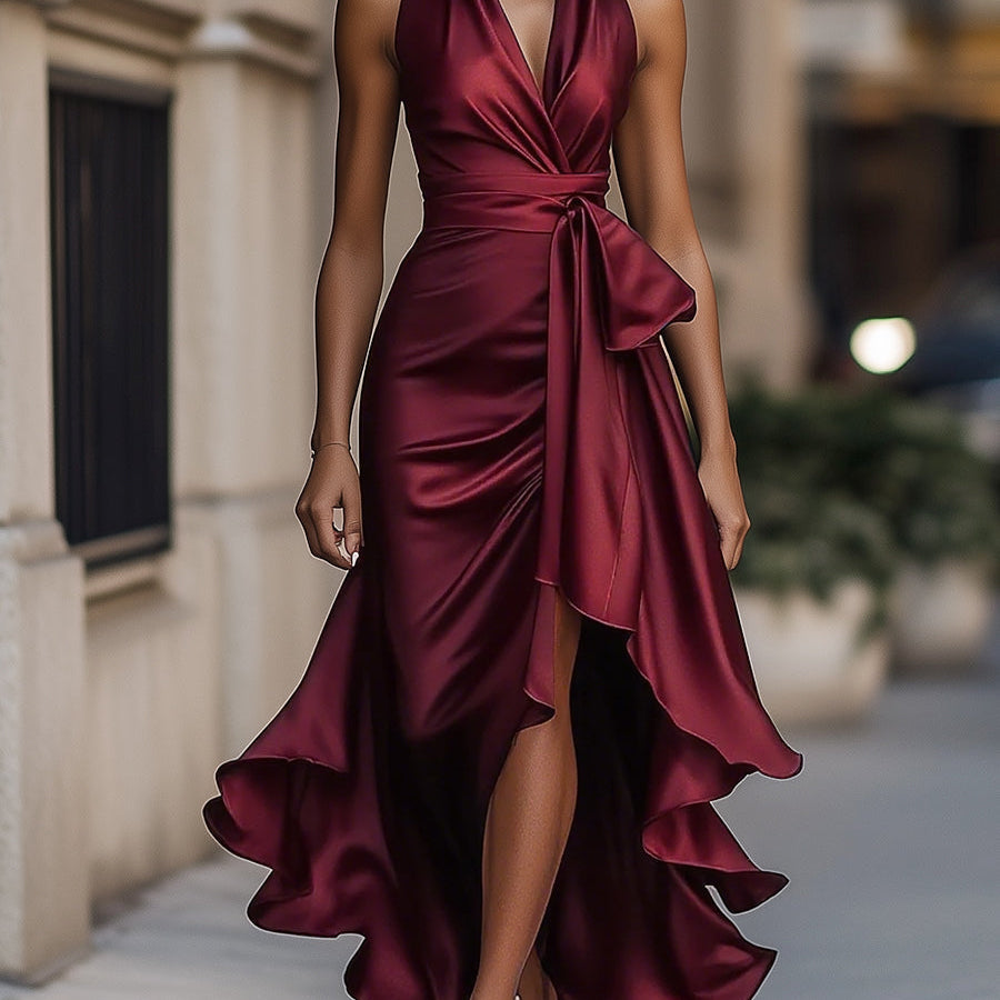 Ruffle Wrap Halter Maxi Dress