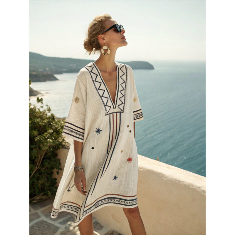 Embroidered V-Neck Beach Cover Up