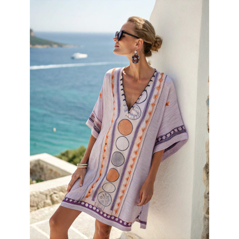 Embroidered V-Neck Beach Cover Up