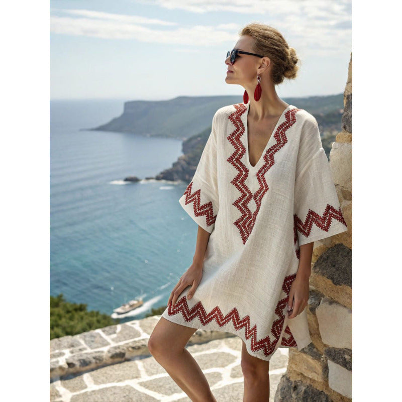 Embroidered V-Neck Beach Cover Up