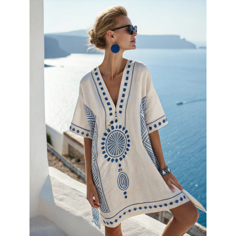 Embroidered V-Neck Beach Cover Up