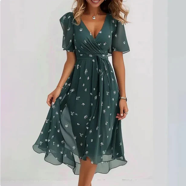 Floral V-Neck Flutter Sleeve Midi Dress