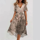 Floral V-Neck Flutter Sleeve Midi Dress