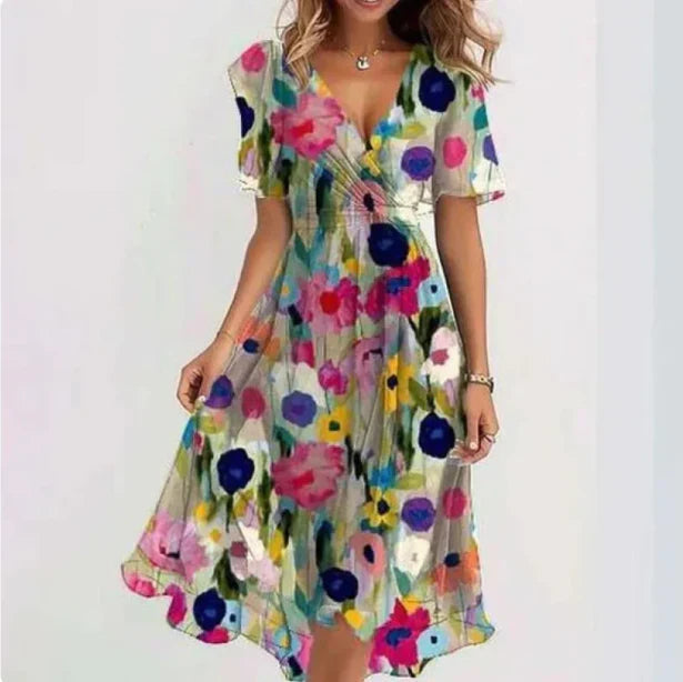 Floral V-Neck Flutter Sleeve Midi Dress