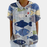 Printed V-Neck Short Sleeve Blouse