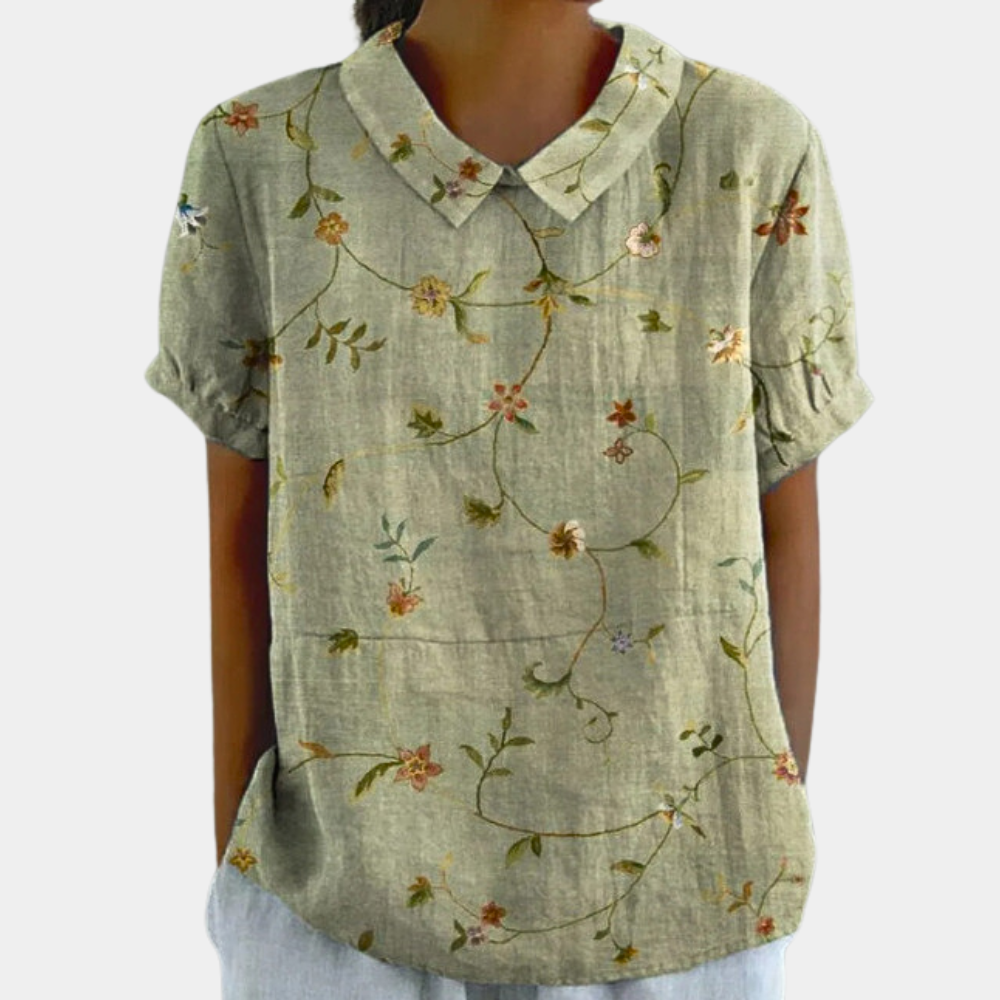 Printed V-Neck Short Sleeve Blouse