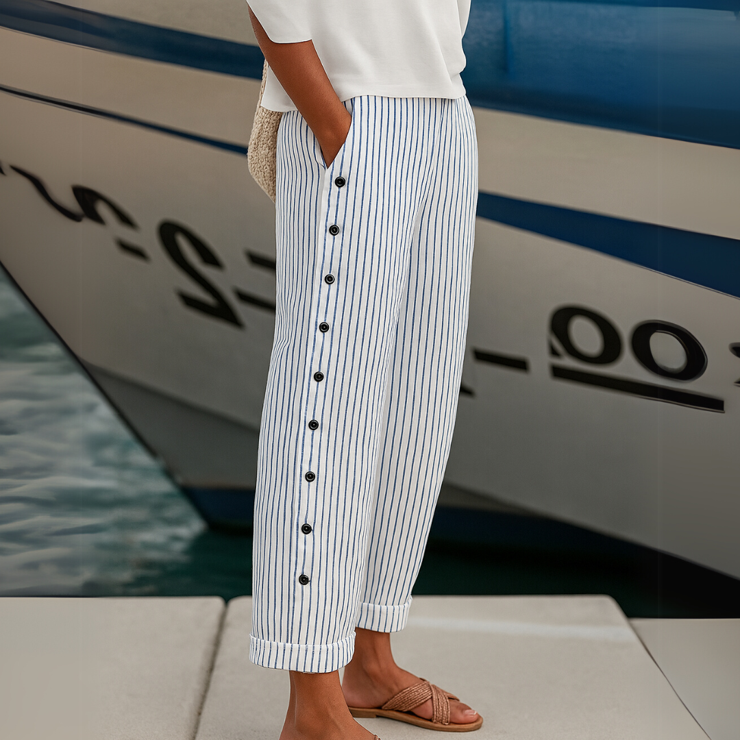 Striped Button Detail Cropped Trousers