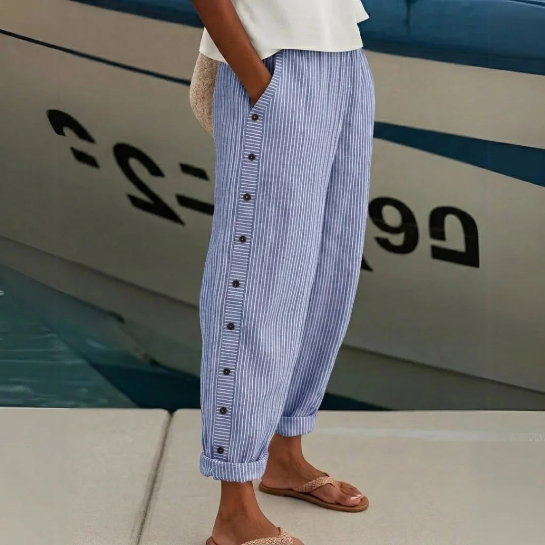 Striped Button Detail Cropped Trousers