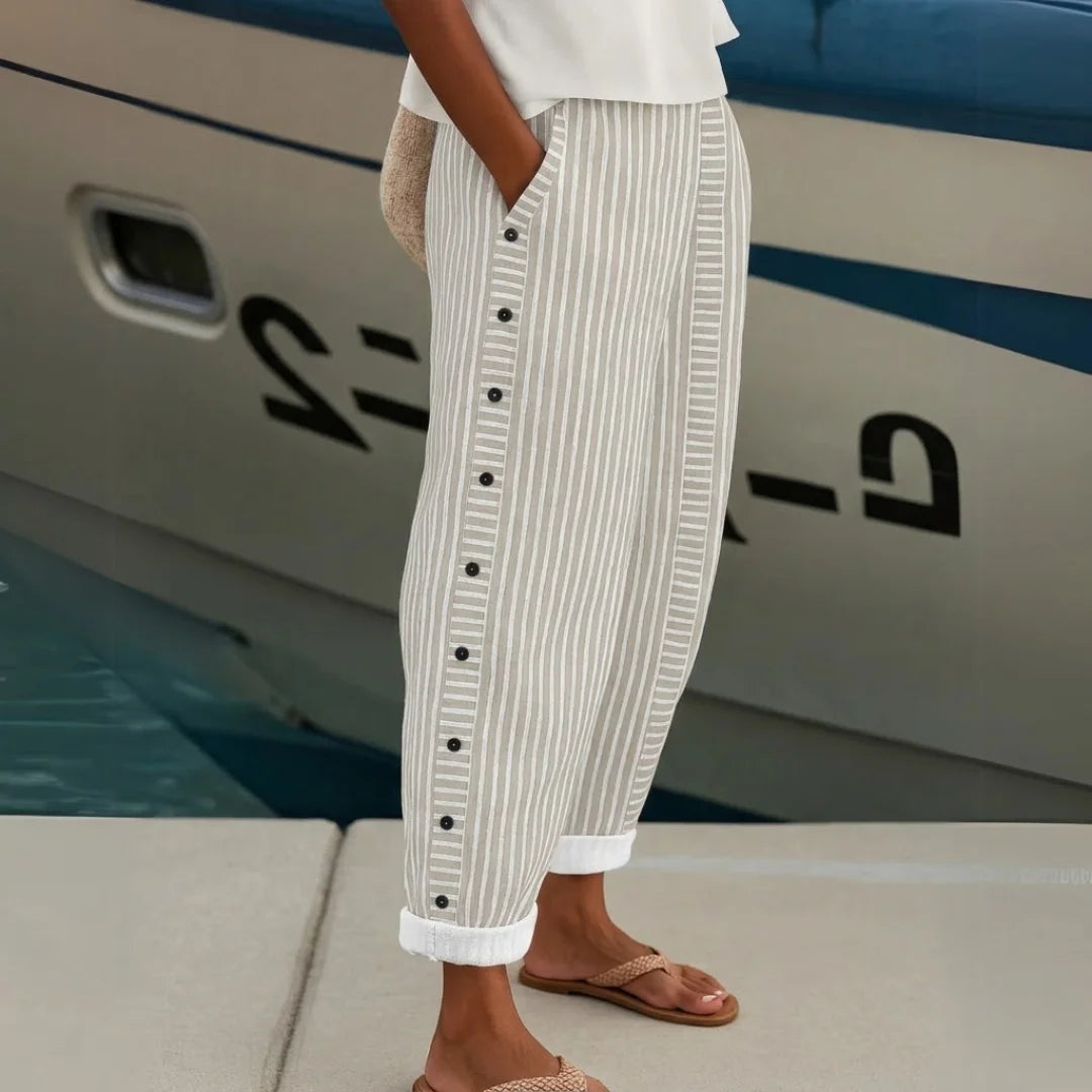 Striped Button Detail Cropped Trousers