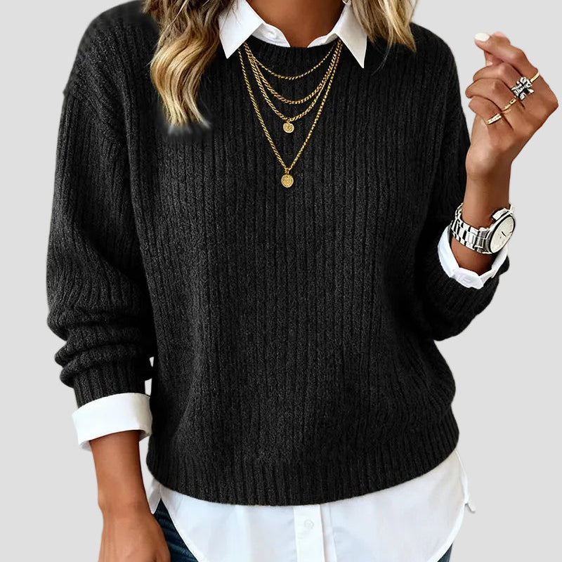 Casual Knit Sweater with Built-in Shirt Collar for Women