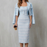 Women's Plaid Midi Dress and Cropped Blazer Set