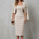 Women's Plaid Midi Dress and Cropped Blazer Set