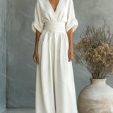 Belted V-Neck Wide Leg Jumpsuit