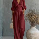 Belted V-Neck Wide Leg Jumpsuit