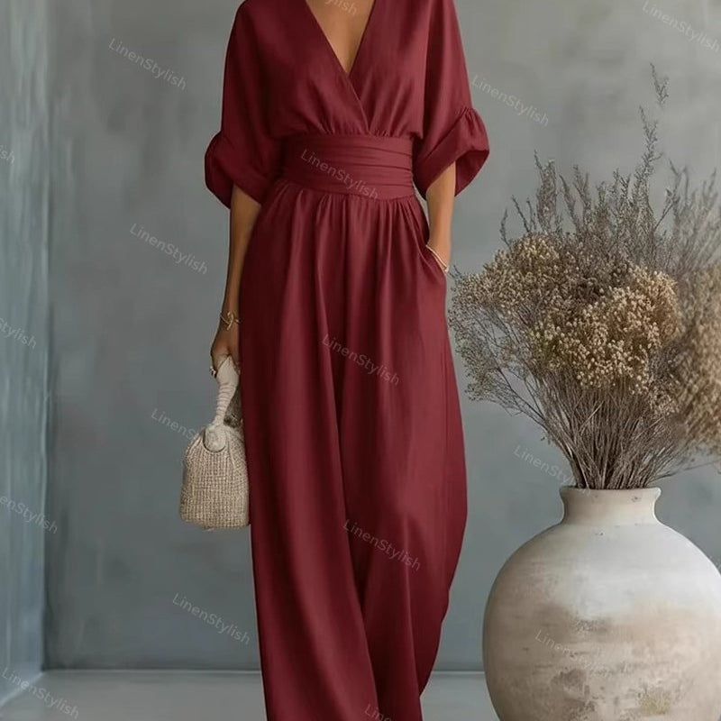 Belted V-Neck Wide Leg Jumpsuit