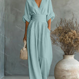 Belted V-Neck Wide Leg Jumpsuit