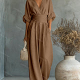 Belted V-Neck Wide Leg Jumpsuit