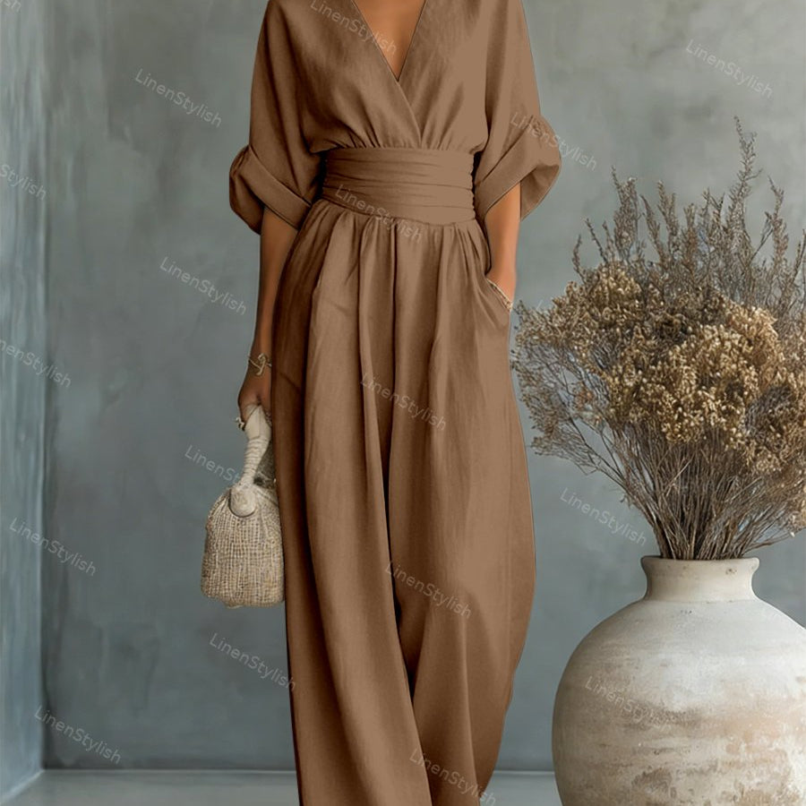 Belted V-Neck Wide Leg Jumpsuit