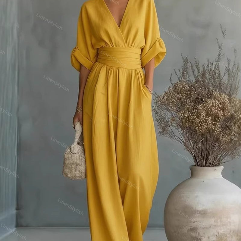 Belted V-Neck Wide Leg Jumpsuit