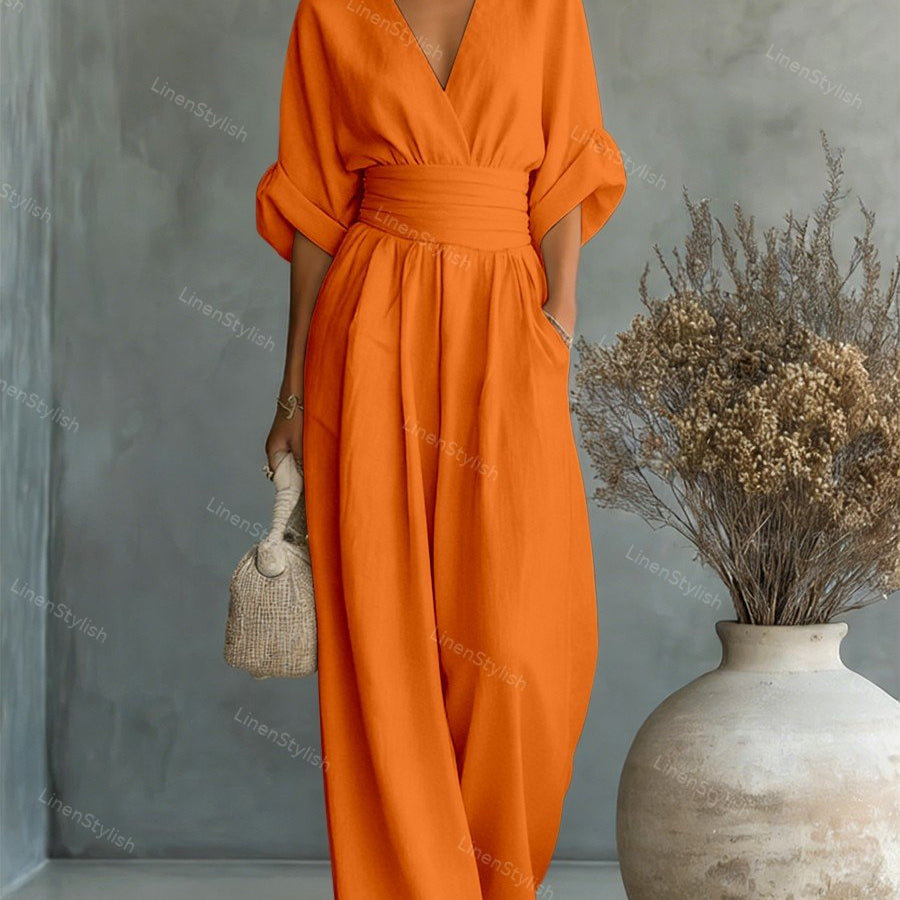 Belted V-Neck Wide Leg Jumpsuit