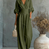 Belted V-Neck Wide Leg Jumpsuit