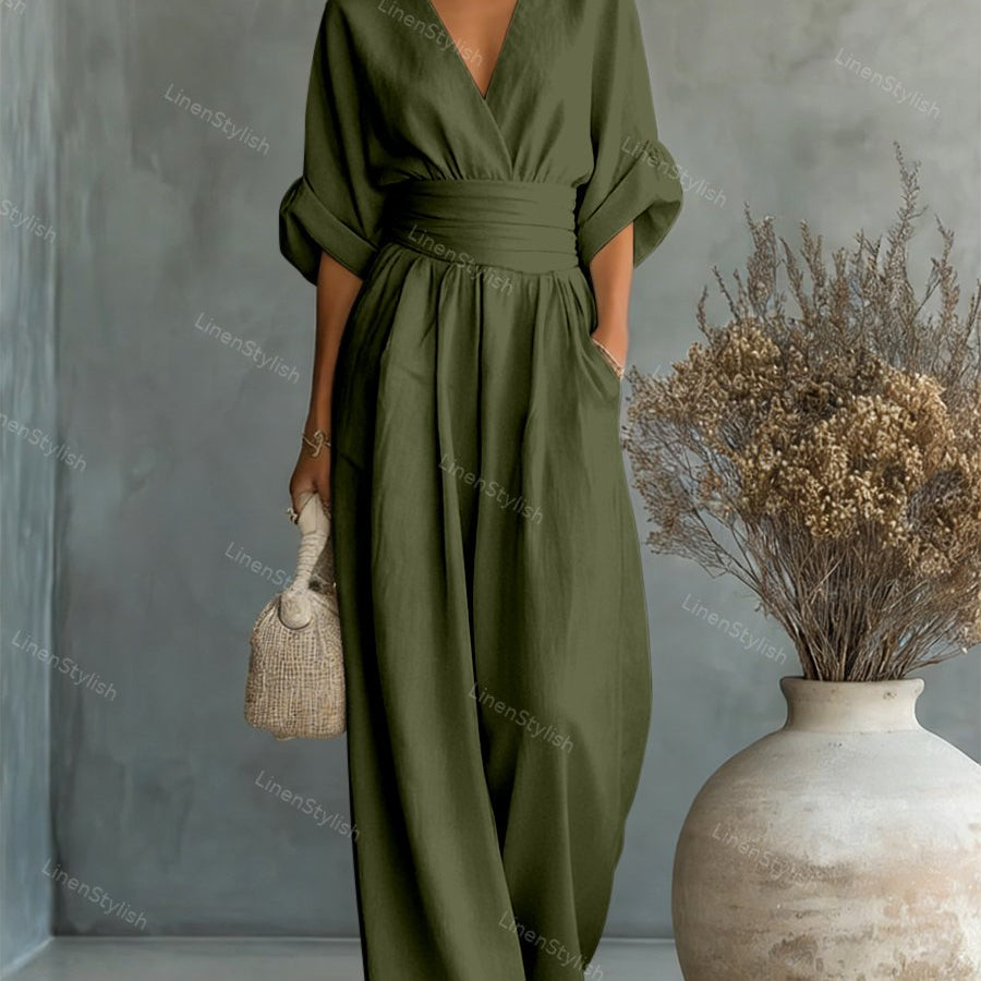 Belted V-Neck Wide Leg Jumpsuit