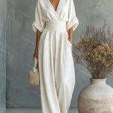 Belted V-Neck Wide Leg Jumpsuit