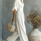 Belted V-Neck Wide Leg Jumpsuit